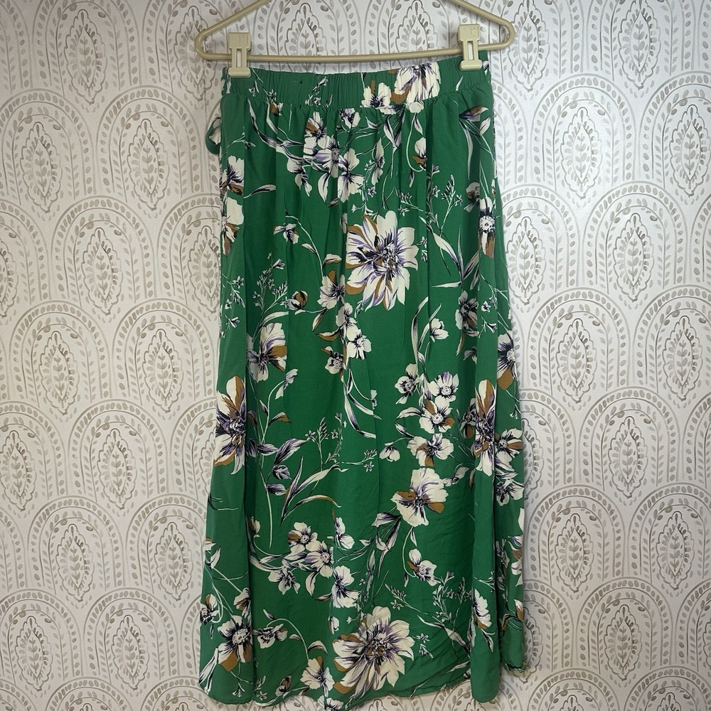 Maurices‎ Womens Small Midi Skirt Green Floral Print Pull On Tie Accent Soft - Picture 2 of 8